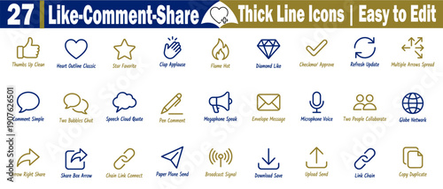 Set of like comment and share thick line icons. Collection of social media engagement, marketing, digital communication, website interface navigation, mobile app ui and ux design vector illustration.
