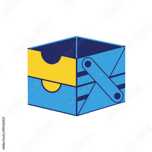 Vibrant blue and yellow foldable cube-shaped drawer isolated on a white background, showcasing modern design and functionality