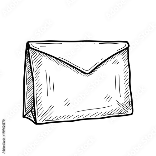 Hand-drawn sketch of a mailer bag isolated on a white background with detailed line art and shading
