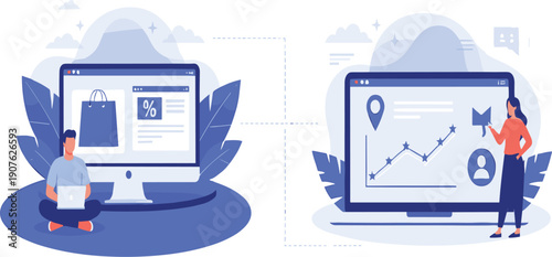 E Commerce Analytics Illustration with Online Shopping Dashboard, Sales Growth Charts, Digital Marketing Data, and Business Performance Monitoring Concept