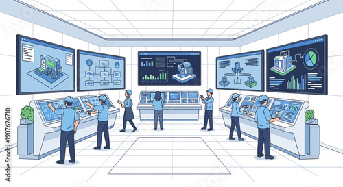 A team of professionals monitors complex data streams on large screens in a futuristic control room.