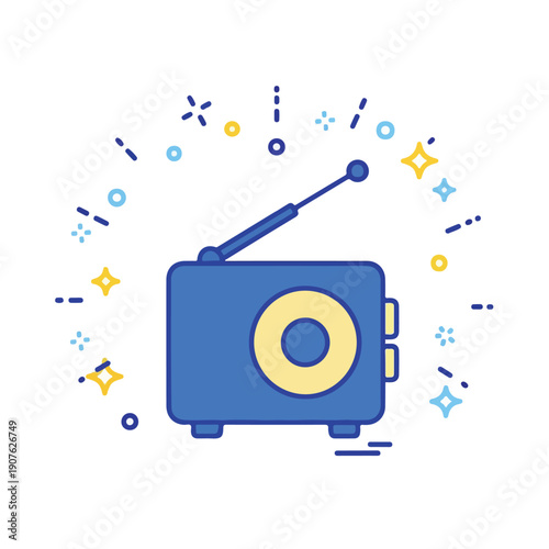 A blue radio with a yellow dial and antenna, surrounded by colorful geometric shapes and lines on a white background. Perfect for world radio day, broadcasting, and communication materials.