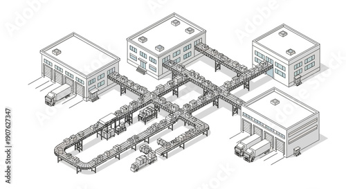Isometric illustration of a modern automated logistics and distribution center with conveyor belts connecting multiple warehouses and loading docks.