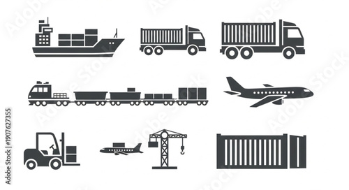 Set of transportation and logistics icons including ship train truck airplane and crane.