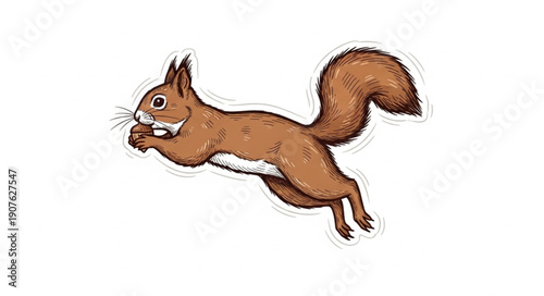 Red Squirrel Leaping Mid-Air Holding Food.