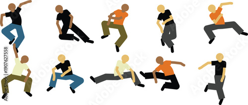 Minimalist vector characters performing extreme sports stunts and dynamic acrobatic jumps for graphic design.