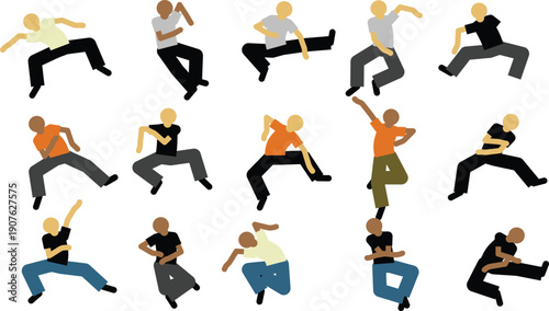 Collection of abstract silhouettes performing parkour jumps and athletic movements on a white background.