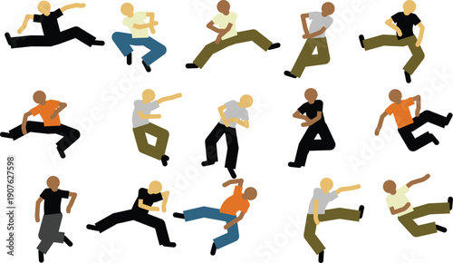 Active young people in casual clothes dancing breakdancing and street dance moves vector set.