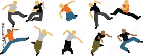 Illustration Set of diverse people in motion dancing hip hop and breakdance with energetic poses.