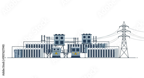 Illustration of a large electrical substation with multiple transformers and power lines, showcasing industrial infrastructure.