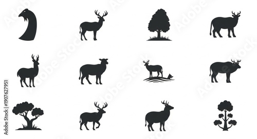 Set of Deer and Tree Silhouettes Vector Icons.