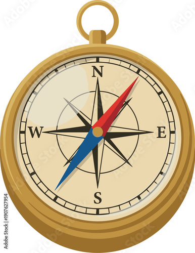 Close-up illustration of an antique brass compass. The cream-colored dial features cardinal directions and a wind rose design, with a red and blue needle indicating northwest.