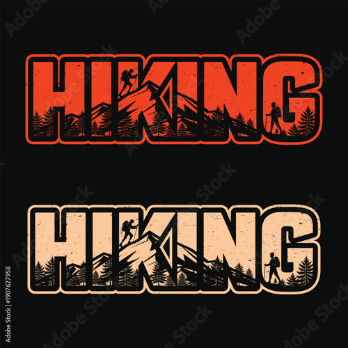 Hiking themed graphic design with vibrant orange and beige colors t-shirt design.
