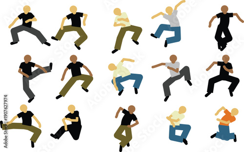 Urban youth culture illustrations featuring breakdance moves and athletic parkour stunts for modern media.