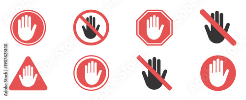 Red forbidden signs, showcasing no touch, no entry, and ban symbols for safety, public rules, and warning signage.