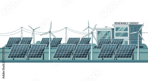 A modern renewable energy facility featuring solar panels and wind turbines powering a research building.