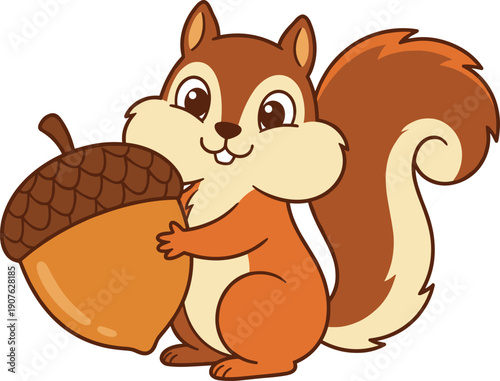 A charming cartoon illustration of a brown and orange squirrel holding a large acorn. The squirrel has big, expressive eyes and a fluffy tail, depicted against a clean white background.