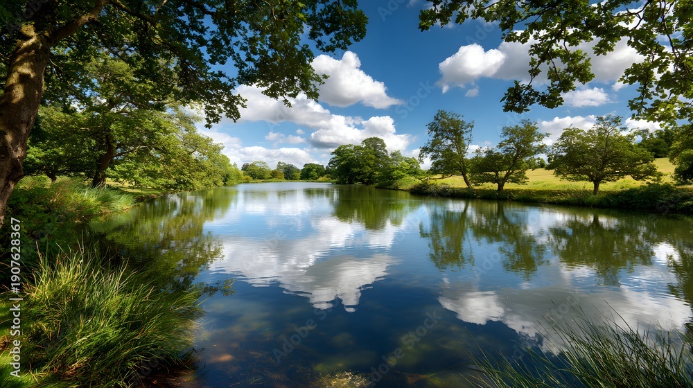 Obraz premium Serene Lake Reflection Under a Blue Sky with Fluffy Clouds.