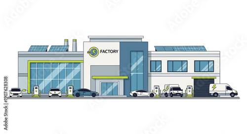 Modern electric vehicle factory with solar panels and charging stations outside.