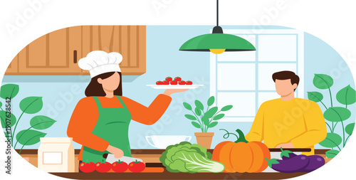 Home Cooking Illustration with Woman Chef Preparing Fresh Vegetables, Healthy Ingredients, and Family Kitchen Scene for Nutrition and Lifestyle Design Projects