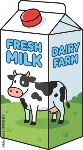 A carton of fresh milk from a dairy farm featuring a cow illustration on a green grassy field background. Simple and colorful graphic.