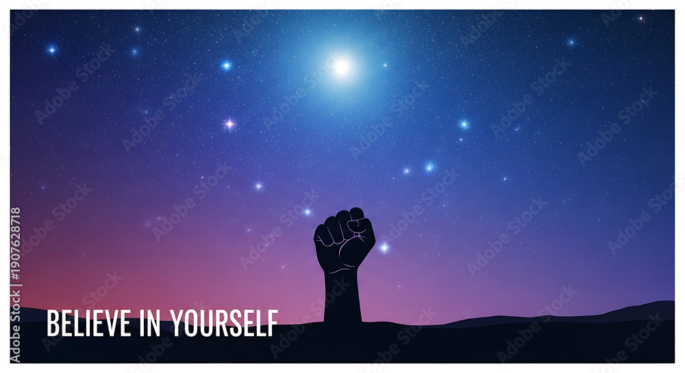 Naklejka premium A motivational image of a raised fist under a starry night sky with a bright moon
