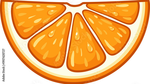 A vibrant and juicy slice of orange, showcasing its segments and glistening water droplets. This bright citrus fruit image is perfect for healthy food themes.