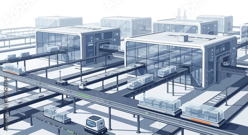Futuristic automated logistics system with autonomous vehicles and elevated transport networks.