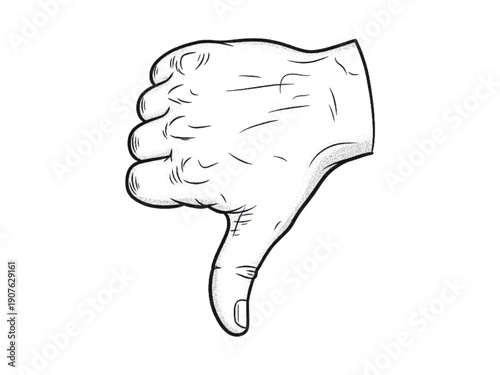 Hand drawn sketch of a human hand showing a thumbs down gesture on a white background