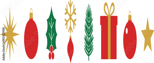 Minimalist Flat Christmas Icon Set Featuring Red Ornaments, Golden Stars, Holly Leaves, Green Pine Needle, and Gift Box for Modern Holiday Cards, Winter Stationery,\