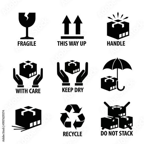 Collection of Shipping Symbols: Fragile, This Way Up, Handle, Keep Dry, Recycle, Do Not Stack
