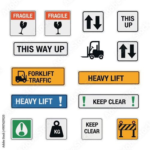 Collection of industrial shipping and safety warning signs and symbols.