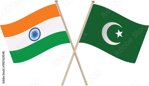 The national flags of india and pakistan are crossed together in a