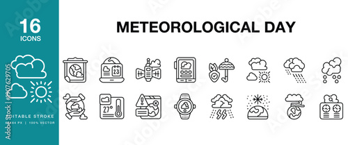 Meteorological Day icon set. Includes meteorological, weather, forecast, climate, storm and More. Editable Stroke Icon Collection.