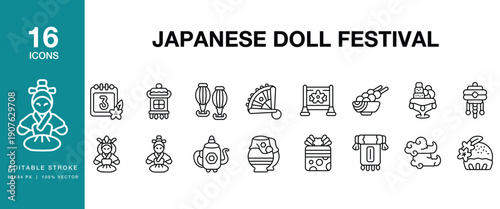 Japanese Doll Festival icon set. Includes japanese, doll, festival, hinamatsuri, tradition, culture and More. Editable Stroke Icon Collection.