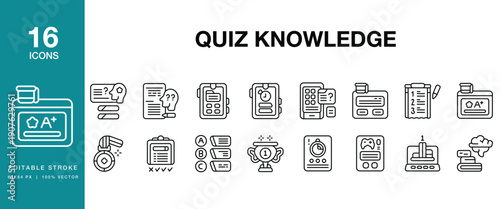 Quiz Knowledge icon set. Includes quiz, trivia, knowledge, question, answer, competition and More. Editable Stroke Icon Collection.