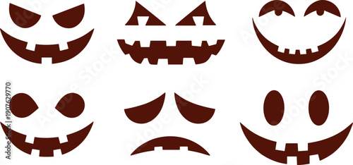 Halloween jack‑o’‑lantern face vector set, spooky pumpkin expressions illustration, scary, goofy, cheerful designs, festive artwork, holiday decoration graphics, stock content