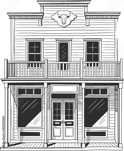 Vintage western saloon facade illustration featuring historic wooden frontier building, classic old town architecture exterior heritage landmark line artwork