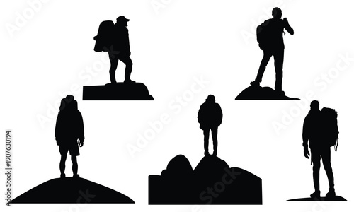 Backpack traveler standing on mountain silhouette collection. 