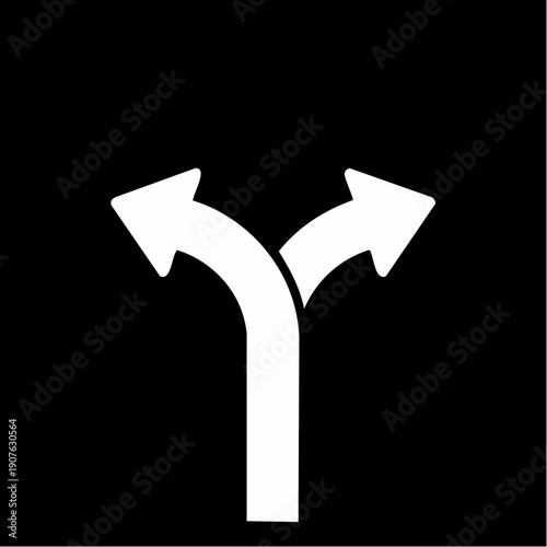 White arrow splitting into two, pointing left and right on a black background, symbolizing choice or divergence.