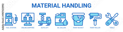 Material Handling web banner icon vector illustration concept with icon of Fuel Station, Online Shipping, Auto Lift, Oil Gallon, Paint Bucket, Paint Roller, and Tools.