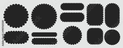 Black scalloped borders in circle, square, oval, and rectangle shapes with frill lace edges for labels, frames, and curved text boxes.