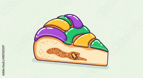 King Cake Slice with Purple, Green, and Yellow Icing and Baby Figurine Inside