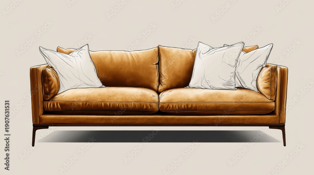 Fototapeta premium Elegant Leather Sofa with Cushions on Neutral Background