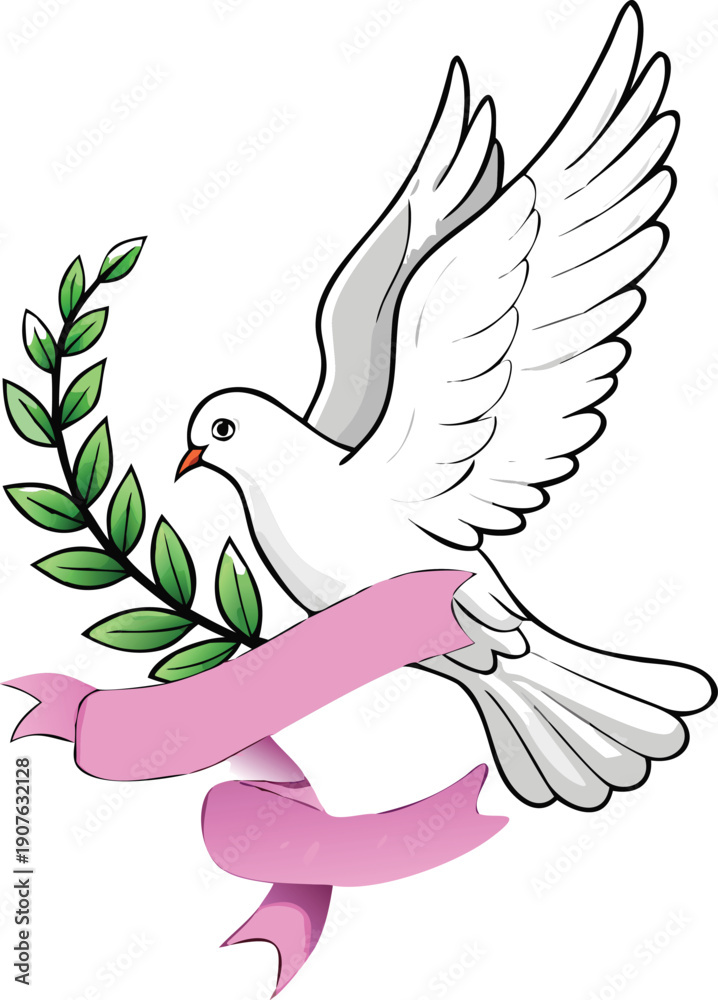 Fototapeta premium A white dove carrying an olive branch and a pink ribbon with