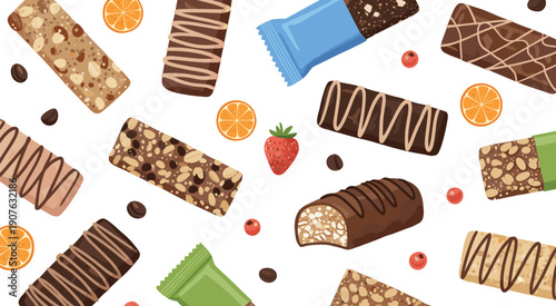 Large set of healthy granola bars and chocolate energy snacks with nuts oats fruit and orange slices for nutritious vector 