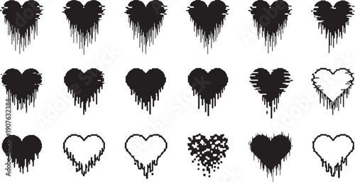 Collection of melting black heart shapes with pixelation and drip effects on transparent background