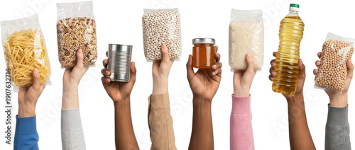 A diverse group of hands holds up various packaged food items including pasta cereal canned goods beans jam rice cooking oil and chickpeas grocery holding packaging assortment