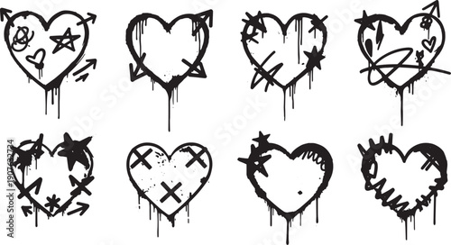 Hand drawn hearts with spray paint drips scratches and arrows for urban street art style