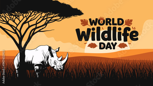 RHINOCEROS WORLD WILDLIFE DAY WITH ANIMAL ILLUSTRATION